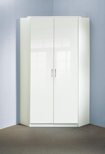 möbelando Eckkleiderschrank >Clack< in Hochglanz Lack Weiss - 95x198x95cm (BxHxT)