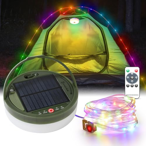 Brillistep Solar Lichterkette Camping Aussen 10m Wasserdicht IP65 für Zelt, Solar Campinglampe mit 10m RGB Camping Lichterkette Aufrollbar