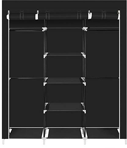 Bonnlo Kleiderschrank, Offener Kleiderschrank Stoff, 150 x 45 x 175 cm, Stoffschrank mit Kleiderstange & Ablagen Stabil, für Schlafzimmer, viel Stauraum, Faltbar, Schwarz