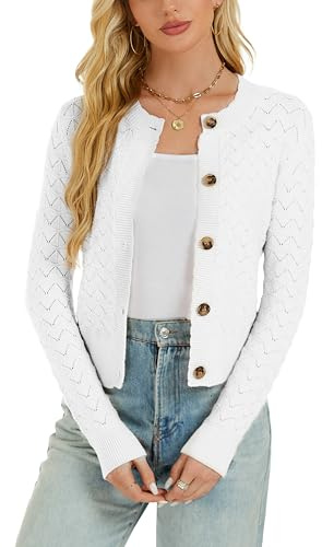 Enjyam Damen Strickjacke Elegant Langarm Rundhals Cardigan Leicht Bolero Jäckchen mit Knöpfe Weiche Jacke über Top Kleid Weiß,XXL
