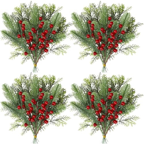 Famibay 72 Stück Tannenzweige Künstlich Rote Beeren Zweige Tannenzweige Weihnachten Kiefernzweige Künstliche Pflanzen Weihnachten Kiefernnadel Tannennadeln für DIY Weihnachtsbaum Girlande Kranz Deko