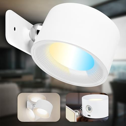 B.K.Licht - Wandleuchte ohne Stromanschluss mit Akku, magnetisch abnehmbar, 360 Grad drehbar, dimmbar, CCT, Wandleuchte Innen, Wandlampe, Bettlampe, Lampe Bett, Leselampe, 9,5x8x4,5cm, Weiß
