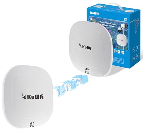 KuWFi 10KM Wireless Bridge, 5.8G Point to Point WiFi, Gigabit Ports Outdoor | 10KM 5.8G WiFi Bridge, Dual Gigabit 900 Mbps, 17dBi Antenna, 48V PoE, IP65 Waterproof, Qualcomm Chip, TDMA, WPA2, Plug & Play