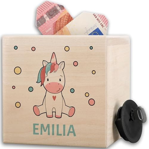 Holz - Einhörner - Holzspardose Einhorn personalisiert I Taschengeld Sparbüchse Geldgeschenk Kinder Geburtstag Einhorn Spardose Mädchen - 10x10cm - Holz - moneybox holzspardose+Kinder