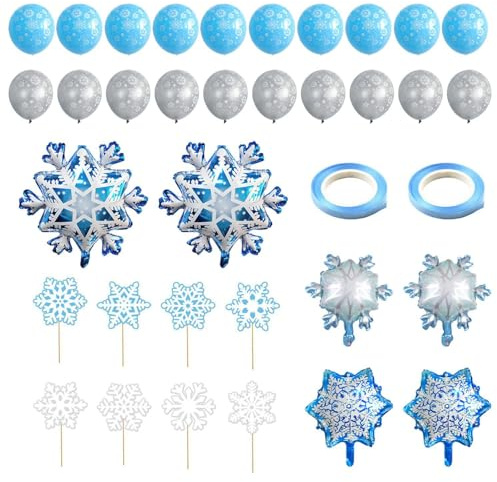 RELKLYU 1 Juego De Globos Temáticos De Copos De Nieve, 2 Piezas De Cintas De 5 M Y 8 Piezas De Insertos De Tarjetas De Pastel, Arreglo De Escena De Fiesta, Suministros De Fiesta.