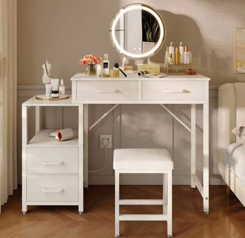 ODK Schreibtisch mit verstellbarem LED-Spiegel, Makeup Tisch mit 4 Schubladen und Wechselbarem Seitenschrank, Kompakte Schminktisch-Set mit Hocker, Weiß Schminktisch mit LED-Beleuchtung, 80x40x130cm