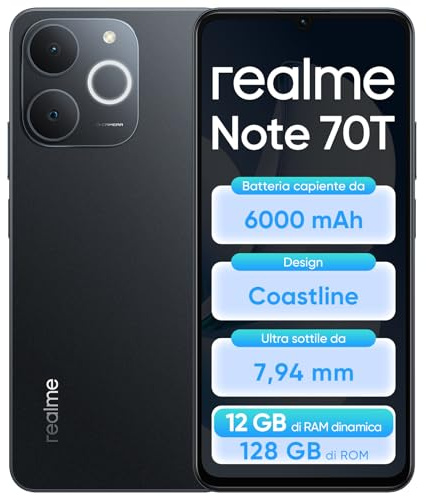 realme Note 70T 4+128GB Smartphone, Display HD da 6,75'' a 90Hz, Batteria ad Alta Capacità da 6000mAh, Protezione ArmorShell, Chipset Octa-core T7250, NEXT AI, IP54,Nero Ossidiana,Senza Caricabatterie