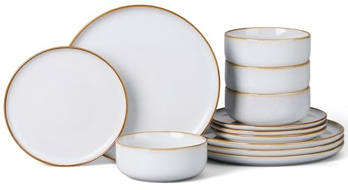 Onader 12 Piece Dinner Set, Reactive Glaze Stoneware Dinnerware for 4 People, Elegant Plates and Bowls Sets for Kitchen Christmas Camping, Scratch Resistant, Microwave & Dishwasher Safe - Daisy Beige