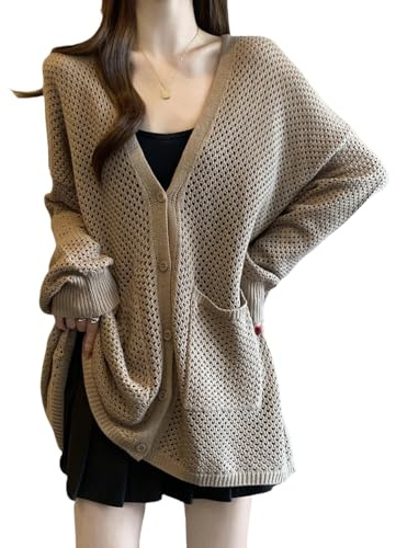 KIJSKKOPO Cárdigan Largo De Punto A Crochet para Mujer, Beige, Manga Larga, Cuello En V, Botones, Punto Hueco, Chaqueta Ligera Transparente, Abrigo Midi Holgado De Verano De Gran Tamaño con Bolsil