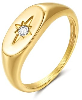 YeGieonr Gold Rings for Women Non Tarnish, 18K Gold Plated Stainless Steel North Star Signet Ring, Waterproof Dainty Pinky Statement Ring, Tarnish Free Gold Jewelry for Women
