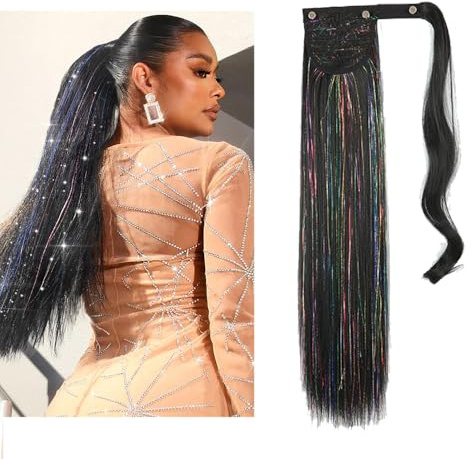Hästsvans hårdel med tinsel, naturlig klämma i hårtinsel ponytail förlängningar syntetisk fläta hårförlängning för kvinnor flickor (1b svart, 56 cm rak)