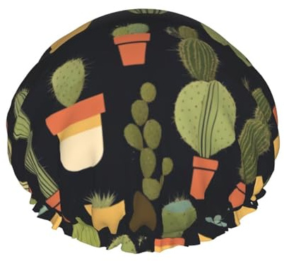 Cactus Print Lightweight And Elasticated Waterproof Shower Cap, Double Layer Waterproof Hair Cap