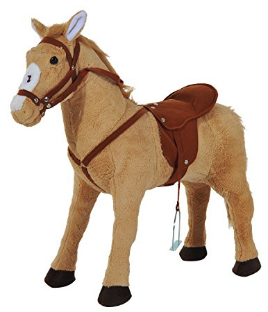 HOMCOM Cavallo Giocattolo con Sella, Briglie e Poggiapiedi, Cavallo Cavalcabile in Peluche, Metallo e Cotone PP, 85x28x60 cm, Beige
