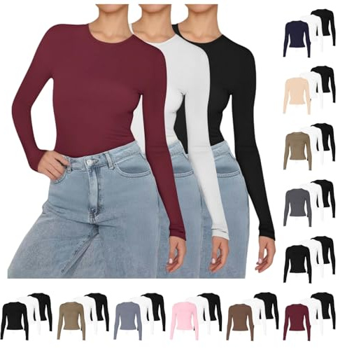 3 Pack Long Sleeve Tops Women Basic Plain Crew Neck Base Layer, Soft Comfortable Ladies Long Sleeve T Shirt for Layering, Casual Slim Fit Basic Top for All Seasons