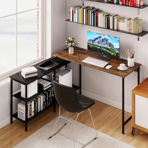 GIANTEX Kontor med vändbar förvaring, L-formad hörnskrivbord, 2 förvaringshyllor, skrivarstativ, metallstruktur, 135 x 120 x 74,5 cm, för sovrum, arbetsrum, vardagsrum