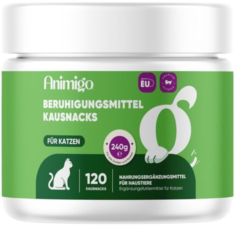 Lugnande kosttillskott för katter – 120 tuggtabletter med passionsblomma, citronmeliss, taurin, magnesium, ashwagandha, vitamin B1 & laxolja – vid fyrverkerier, åskväder, ångest & nervositet – Animigo