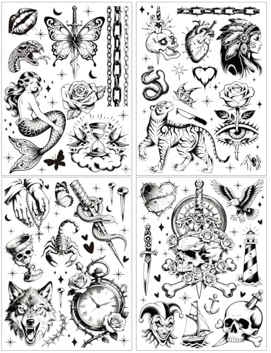Qpout 4 Sheets Große Schwarze Old School Temporäre Tattoos für Männer, Frauen, Erwachsene, Vintage, realistisch, wasserdicht, klassische gefälschte Tattoo-Aufkleber – Traditionelle