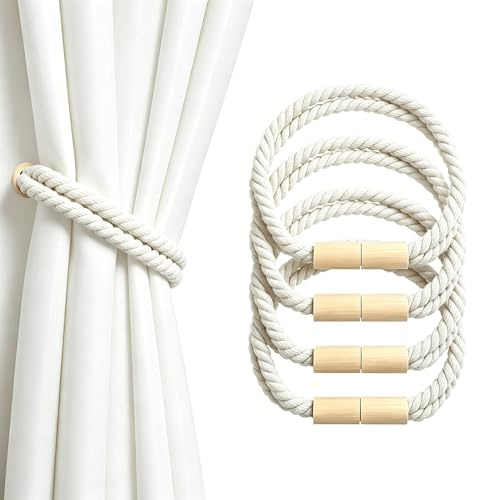 FINELYCR 4 Stück Magnet Raffhalter für Gardinen, Weiß Raffhalter Magnetisch, 50 cm Baumwoll-Leinen-Kordel Gardinenhalter, Ohne Bohren, für Wohnzimmer, Schlafzimmer und Küche