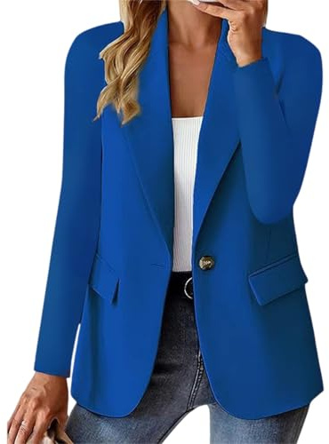 Damkavaj med knäppning, krage, enfärgad, långärmad, cardigan, perfekt för kontor och avslappnade affärstillfällen., Färg: blå, XL