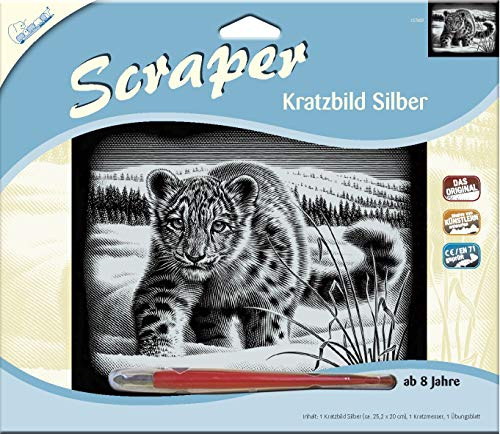 MAMMUT 137009 Kratzbild, Motiv Schneeleopard, silber, glänzend, quer, Komplettset mit Kratzmesser und Übungsblatt, Scraper, Scratch, Kritzel, Kratzset für Kinder ab 8 Jahre