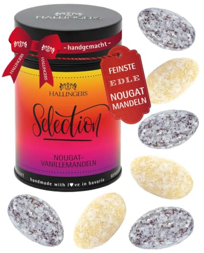 Hallingers Genuss Manufaktur Nougat-Mandeln Geschenk - von Hand in der Manufaktur schokoliert ohne Alkohol in der Geschenkdose Selection - Nougat, Geschenkidee für Frauen Männer