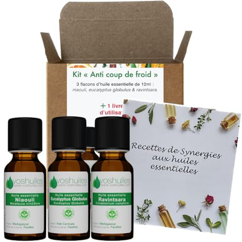 VOSHUILES - Kit Hiver Anti Coup de Froid - 3 Huiles Essentielles Bio - 100% Pure et Naturelle - HEBBD, Ecocert - Eucalyptus Globulus, Niaouli, Ravintsara - Applications Diverses - 3x10ml
