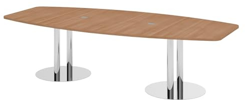 Bümö Konferenztisch oval 280x130 cm großer Besprechungstisch in Nuss, Besprechungstisch mit Chromsäulen, Meetingtisch für 10 Personen, XXL-Tisch für Besprechungsraum & Meeting