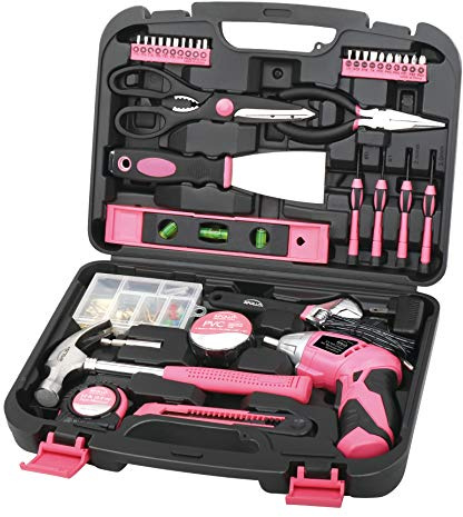 Apollo Tools 135 Piece Household Pink Hand Tools Set with Pivoting Dual-Angle 3.6 V Lithium-Ion Cordless Screwdriver - DT0773N1