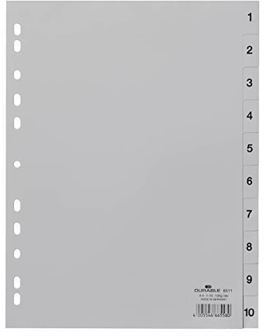 Durable Zahlenregister (A4, geprägte Taben 1-10, PP volldeckend) 25 Stück, grau, 651110