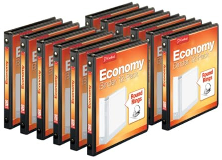 Cardinal Economy 3 Ring Binders, Binders for School and Office, Durable 1/2 inch Round Rings, Holds 125 Sheets, ClearVue Presentation View, Non-Stick, Black, Carton of 12 (90602)