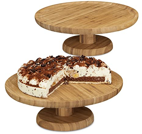 Relaxdays 2X Alzata Rotonda per Torte, in bambù, Piatto da Portata con Piedistallo, Vassoio HxD: 11,5x33 cm, Marrone Chiaro