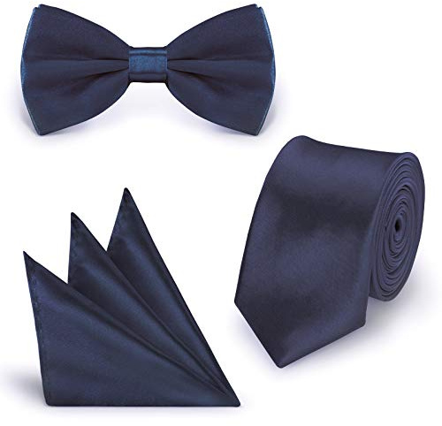 StickandShine SET Krawatte Fliege Einstecktuch Dunkelblau einfarbig uni aus Polyester