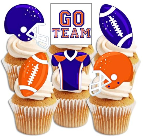 American Football Edible Cupcake Toppers - Blue and Orange Wafer Decorations for Game Day, Football Party, Sports Celebration Cake - PRECUT 2 Inch/5cm (Pack of 12)