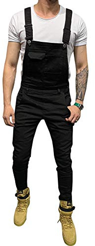 LONGBIDA Men's Denim Bib Overalls Fashion Slim Fit Jumpsuit with Pockets(Black,S)