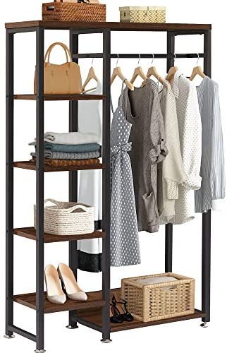 VECELO Open Garment Clothing Rack, Free-Standing Heavy Duty Storage Closet with 5 Shelves and Hanging Rod for Small Spaces, Max Load 350LBS, Brown