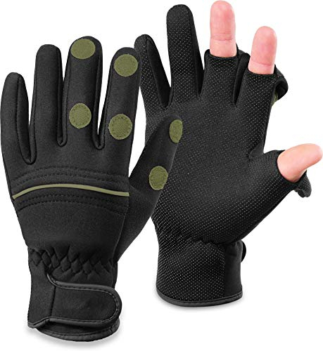 normani Wasser- und Winddichte Angel Handschuhe Winterhandschuhe Fishingsports Anglerhandschuhe 2,5 mm Titanium-Neopren Farbe Schwarz/Oliv Größe XXL