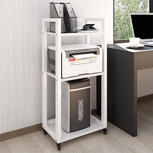 PUNCIA Druckertisch höhenverstellbar 3-stöckiger Druckerständer mit Rollen Mobiler Druckwagen aus Holz & Metall für Aktenvernichter Organizer Lagerregal weiß für Arbeitszimmer Büro Office Küche