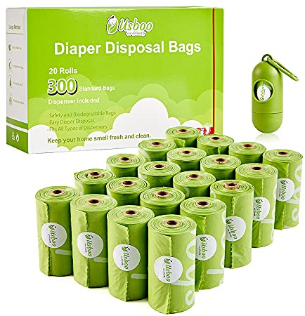 USBOO Disposable Diaper Bags for Baby, 20 Refill Rolls/300 Bags Waste Bags with Dispenser, Convenient and Quick Diaper Disposal, Unscented