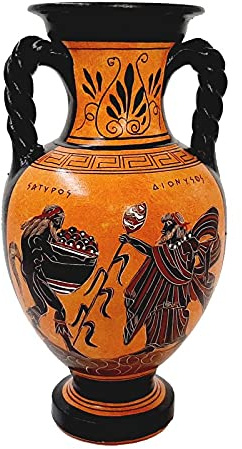 Schwarzfigurige Amphore, 22 cm, Gott Dionysos mit Satyr, Göttin Artemis