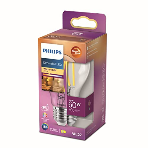 Philips LED Classic E27 Filament Lampe Warm Glow (60 W), dimmbare LED Lampe mit warmweißem Licht, energiesparende Lampe mit langer Nutzlebensdauer, Klar