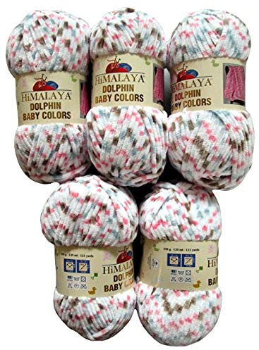 5 x 100 Gramm Strickwolle Himalaya Dolphin Baby Colours mehrfarbig, 500 Gramm Wolle super bulky (weiss blau lachs braun 80413)