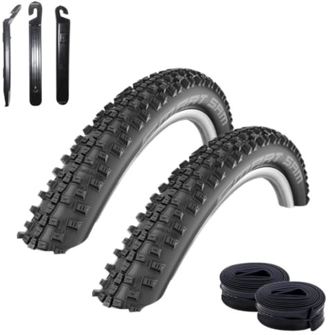 2 x Schwalbe Smart Sam Fahrradreifen Lite Fahrrad Mantel Decke 54-559 (26 x 2,10) + 2 Schwalbe AV13 Schläuche inkl. 3 Reifenheber