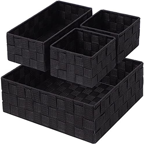 BSTMOME Woven Storage Box Drawer Organizer Divider Basket Box, Storage Tote Bins for Bathroom, Kitchen, Cabinet, Closet, Shelf, Dresser, Store Snacks, Cereal, Baking Supplies, Set of 4 (Black)