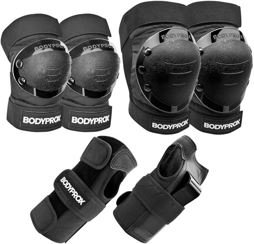 BODYPROX Knee Pads Elbow Pads Wrist Guards Set for Skateboarding, Roller Derby, BMX Ride, and Inline Skating (Youth One Size)