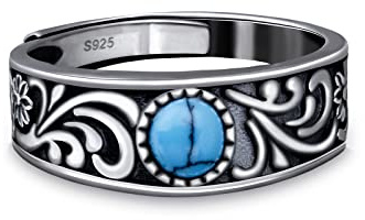 PHNIBIRD Anello da Uomo in Argento Sterling 925 con Turchese Naturale di Modello di Erba Plus Anello per Moda Retrò Misura Regolabile