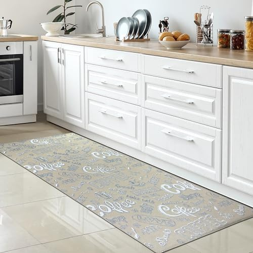 CARPETIA Küchenteppich Coffee Love Beige Weiß rutschfest 80x300 cm | Rutschfest, pflegeleicht, schmutzabweisend und strapazierfähig, mit Gelrücken, für Fußbodenheizung, Küche & Esszimmer