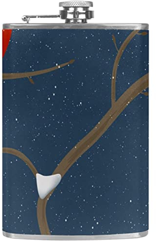Fiaschetta con fiaschette personalizzate a imbuto,rami degli alberi di neve uccelli rossi,Caraffa portatile in acciaio inossidabile per liquori