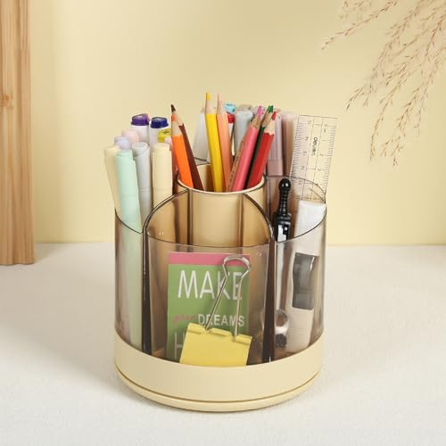 RAVEGO Drehbarer Stiftehalter 360° drehbar, Schreibtisch Organizer 6 Fächer, Schreibtisch Organizer und Zubehör für Bürobedarf, Aufbewahrungsbox für Kunstbedarf im Home Office (Gelb)