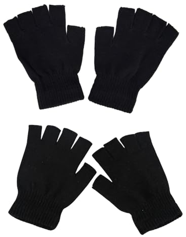 2 Paar Halbfinger Handschuhe für Herren und Frauen - Unisex Fingerlose Handschuhe, Schwarz