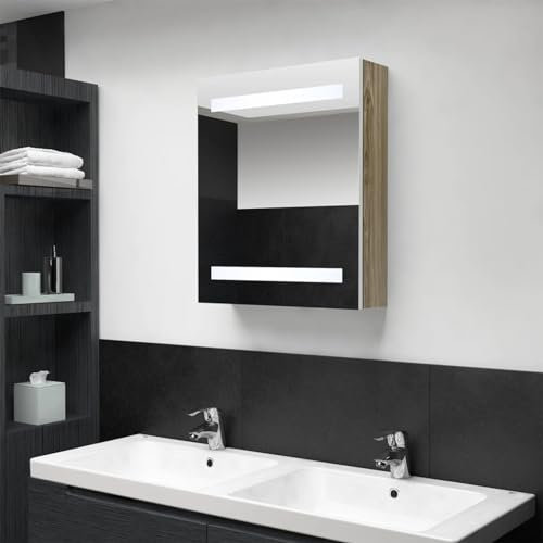 heybb Bad-Spiegelschrank Weiß und Eichen-Optik 50x14x60 cm Spiegelschrank Bad Mit Beleuchtung